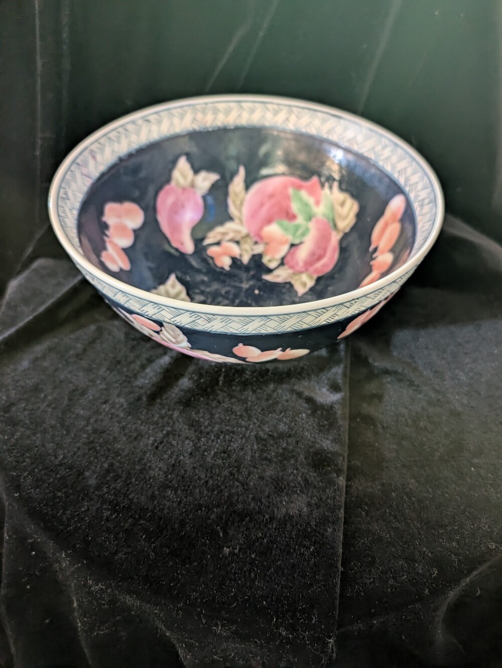 Decorative Navy Blue Ceramic Serving Bowl with Peach Motif